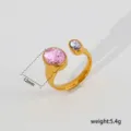 Anillo abierto minimalista de acero inoxidable con piedras zirconia rosa y morada, elegante. - Estilo Strass Bicolor Rosa Púrpura Ovalado Gran Lujo Simple (403) / Tamaño aprox. 12mm