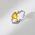 Two-tone stainless steel heart open ring, European fashion trendy finger ring detail. - Chain Heart Pendant Style