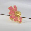 Stainless steel pink enamel flower ring, elegant gold-plated floral statement jewelry for women. - Gold