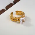 Elegant Stainless Steel Square Zircon Open Ring 18K Gold Plated Fashion Jewelry for Women - Double Chain Square Stone Style / Gold