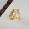 Elegant stainless steel open ring with sparkling zircon in 18k gold finish for women - Round Main Stone Style / Gold