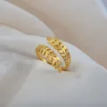 Adjustable gold stainless steel leaf ring, vintage open botanical band for daily wear. - Leaf Shaped Open Ring / Gold