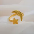 Adjustable stainless steel ring featuring celestial moon and star design, gold plated couple ring. - Sun Moon And Star Open Ring / Gold