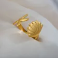 Adjustable stainless steel ring featuring starfish and seashell design, retro gold finish SKU. - Starfish Shell Open Ring / Gold