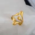 Gold stainless steel open ring with unique irregular fluid design for men and women couple. - Teardrop Streamlined Open Ring / Gold
