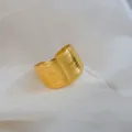 Adjustable wide gold stainless steel ring, retro ribbed open band for women and men. - Wide Striped Open Ring / Gold