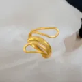 Gold Open Ring Adjustable Stainless Steel Minimalist Wave Design Finger Jewelry Accessory - Streamlined Multi-Layer Wave Ring / Gold