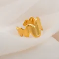 Gold stainless steel open ring, vintage wavy adjustable wide band couple jewelry. - Wavy Stainless Steel Open Ring / Gold