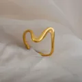 Gold wavy adjustable stainless steel ring, modern minimalist geometric open finger jewelry. - Wavy Textured Open Ring / Gold