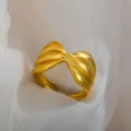 Gold stainless steel open ring variant featuring a stylish chunky ribbed layered design. - Multi-Layer Wave Shape Ring / Gold