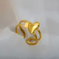 Gold adjustable stainless steel heart ring with double band open design vintage jewelry - 3D Heart Double Band Ring / Gold