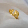 Golden stainless steel open ring with chic puff heart design, adjustable fit fashion jewelry. - Double Heart 3D Ring / Gold