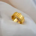 Gold stainless steel adjustable ring with textured vertical bar design, stylish open band. - 3D Vertical Striped Textured Ring / Gold