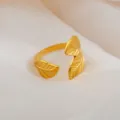 Adjustable gold stainless steel leaf open ring, vintage style couple finger fashion jewelry. - Double Leaf Carved Ring / Gold