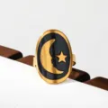 Gold stainless steel ring with black enamel crescent moon and star design for women. - Black Base Sun Moon Star Style(319)