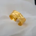Gold wide wavy open ring, stylish stainless steel adjustable retro texture ring item. - Wavy Textured Wide Ring / Gold