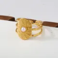 Golden stainless steel pearl ring with multi band design, elegant geometric fashion jewelry. - Vintage Carved Pearl Inlaid Style(377)