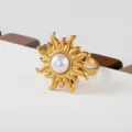 Gold stainless steel sun ring with pearl stackable fashion jewelry elegant design for women - Sunburst Pearl Style(389)