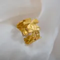 Stainless steel adjustable gold floral ring, retro stamped clover band for women and men. - Clover Floral Patchwork Ring / Gold