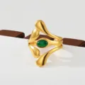 Gold stainless steel ring with green stone, unique flowing shape stackable fashion jewelry - Emerald Streamlined Style(398)