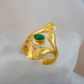 Vintage gold open ring with green stone elegant geometric abstract design for women jewelry - Green Gemstone Inlaid Ring / Gold