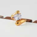 Gold stainless steel biomorphic statement ring with large clear crystal cubic zirconia style. - Square Zirconia Streamlined Style(476)