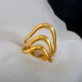 Gold multi-layer wave open stainless steel ring, adjustable couple fashion jewelry band. - Multi-Layer Wave Lines Ring / Gold