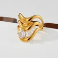 Gold multi-layer wavy ring featuring a clear cubic zirconia stone for versatile stylish stacking. - Wavy Single Zirconia Style(577)