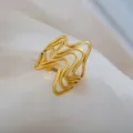Gold stainless steel adjustable ring with wavy abstract design for daily fashion wear SKU view. - Wavy Lines Intertwined Ring / Gold
