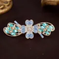 Rhinestone bow hair clip alloy four leaf clover barrette sparkling crystal ponytail hair styling accessory - Flower Blue