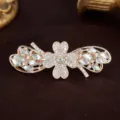 Korean alloy hair clip with rhinestone clover design, elegant sparkling barrette for women. - Floral White