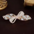 Rose gold rhinestone bow hair clip, crystal spring barrette for women and girls ponytail styling - White With Printed Ribbon