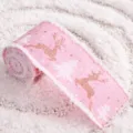Rosa Weihnachtsband Rolle mit Glitzer Rentieren und weissen Tannen für Geschenkverpackung. - Plüsch Rosa Rentier / 2m