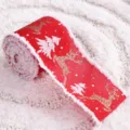 Rotes Weihnachtsband mit flauschigen weißen Kanten, Glitzer-Rentieren und Tannenbäumen. - Plüsch Rot Rentier / 2m