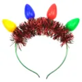 Christmas tinsel headband with colorful large light bulbs, festive party hair accessory. - Red