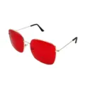 Close up detail view of fashionable red lens gold frame sunglasses, retro square sunshade. - Gold Frame Red Lenses