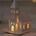 White wooden church Christmas ornament with warm LED lights, holiday decor for tree and tabletop. - Medium White House - Castle