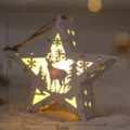 Wooden star Christmas tree hanging ornament with LED light and cute deer carved design - White Star and Reindeer