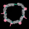 Christmas LED light up tinsel necklace with candy cane and peppermint charms for party. - Candy Cane Crossover Silver Faux Fur