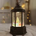 Vintage Christmas snow globe lantern with miniature trees and warm LED lights for holiday decor. - Medium Gold Hexagon