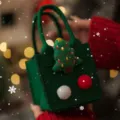 Christmas green felt gift handbag with cute 3D embroidered tree and pom-pom decor for candy. - Green Felt Handbag With Tree