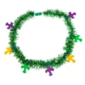 Mardi Gras LED light up green tinsel necklace with colorful fleur-de-lis party props - 7 LED Green Tinsel Fleur-de-lis Necklace