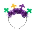 Mardi Gras party headband with purple tinsel and colorful fleur de lis festival props - Purple Tinsel Black Base Headband