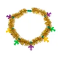 Mardi Gras LED light up tinsel bead necklace with colorful fleur-de-lis charms for party - 7 LED Gold Tinsel Fleur-de-lis Necklace