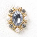Vintage oval rhinestone alloy DIY button detail, sparkling crystal and pearls for crafts. - White