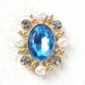 Vintage oval rhinestone alloy button with blue gem, pearls and clear crystals for DIY crafts. - Lake Blue