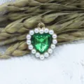 Alloy heart pendant with green crystal and pearl border DIY jewelry making accessory crafting. - Dark Green