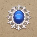 Detailed view of oval rhinestone alloy button with blue resin cat eye stone for DIY craft. - Sapphire Blue