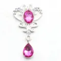 Silver alloy crown rhinestone pendant diy jewelry accessory with hot pink gemstone and drop. - Rose Red