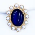 Blue cat's eye stone oval pearl flower button alloy DIY handmade accessory component - Navy Blue